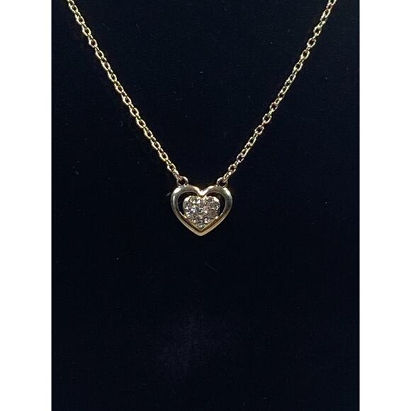 Gold Tone 2 Heart 1 Open 1 Rhinestone Classy Dainty Pendant Necklace - Picture 1 of 8
